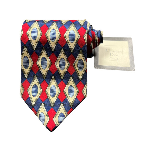 Christian Dior Mens Tie Necktie Multicolor Diamond 100% Silk Tied Wide Short New - Picture 1 of 6